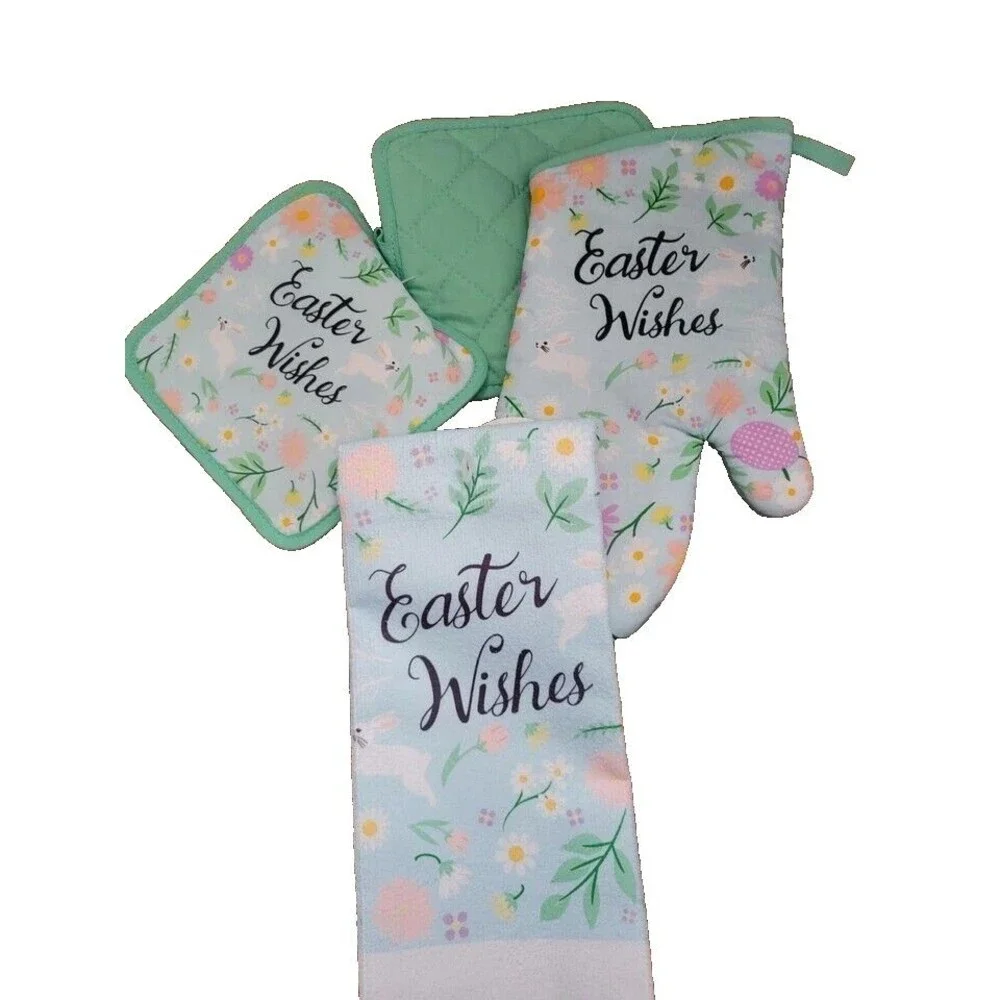 4-piece Kitchen Towel Set/Oven Mitt, 2 Potholders & Towel Easter Wishes